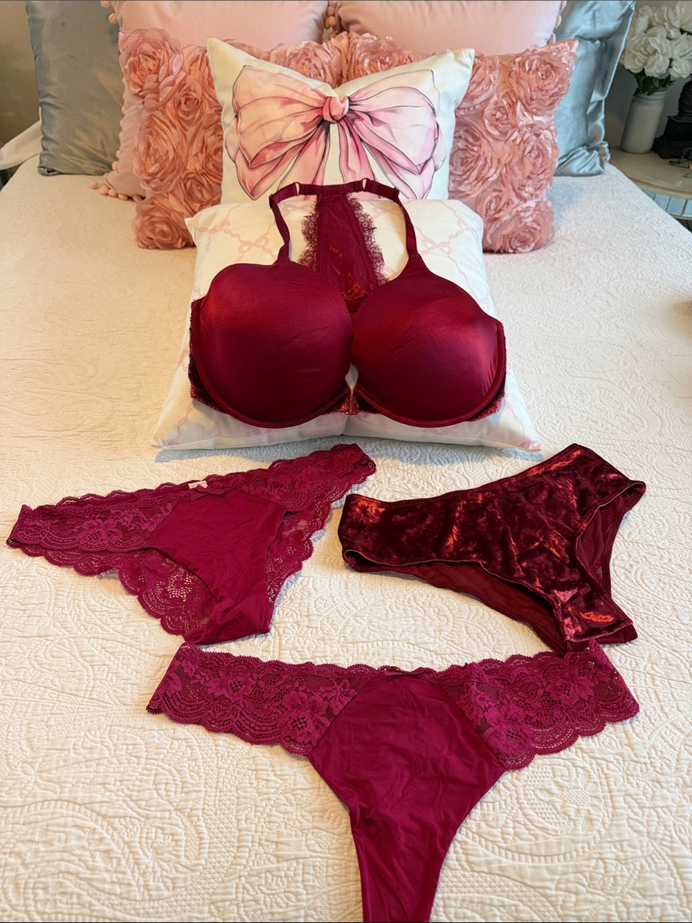 Victoria's Secret Deep Burgundy Lace & Velvet Bra + 3 Panties Set